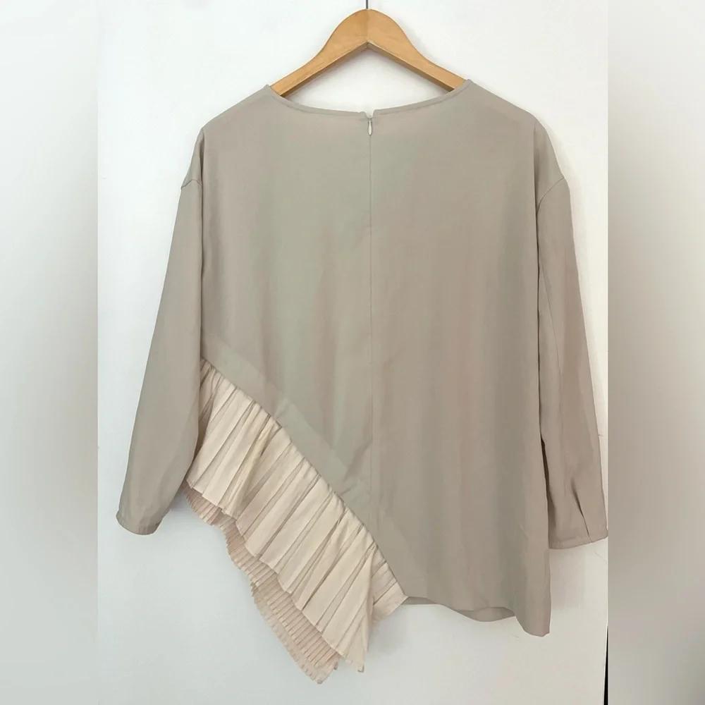 Elendeek Tail Pleated Bell Sleeve Sweatshirt Beige  Blouse  Pleated Accent - Picture 4 of 6